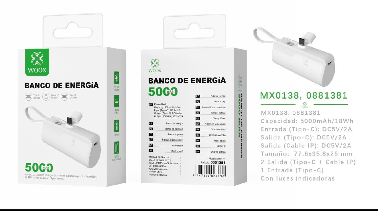 Bateria Externa MX0138 5000 mAh com Cabo Lightning e Adaptador Tipo-C Branca