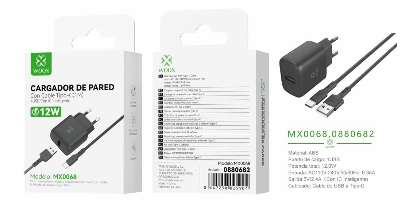 Cargador de pared USB único UE MX0068 5 V/2,4 A con cable USB a tipo C Preto