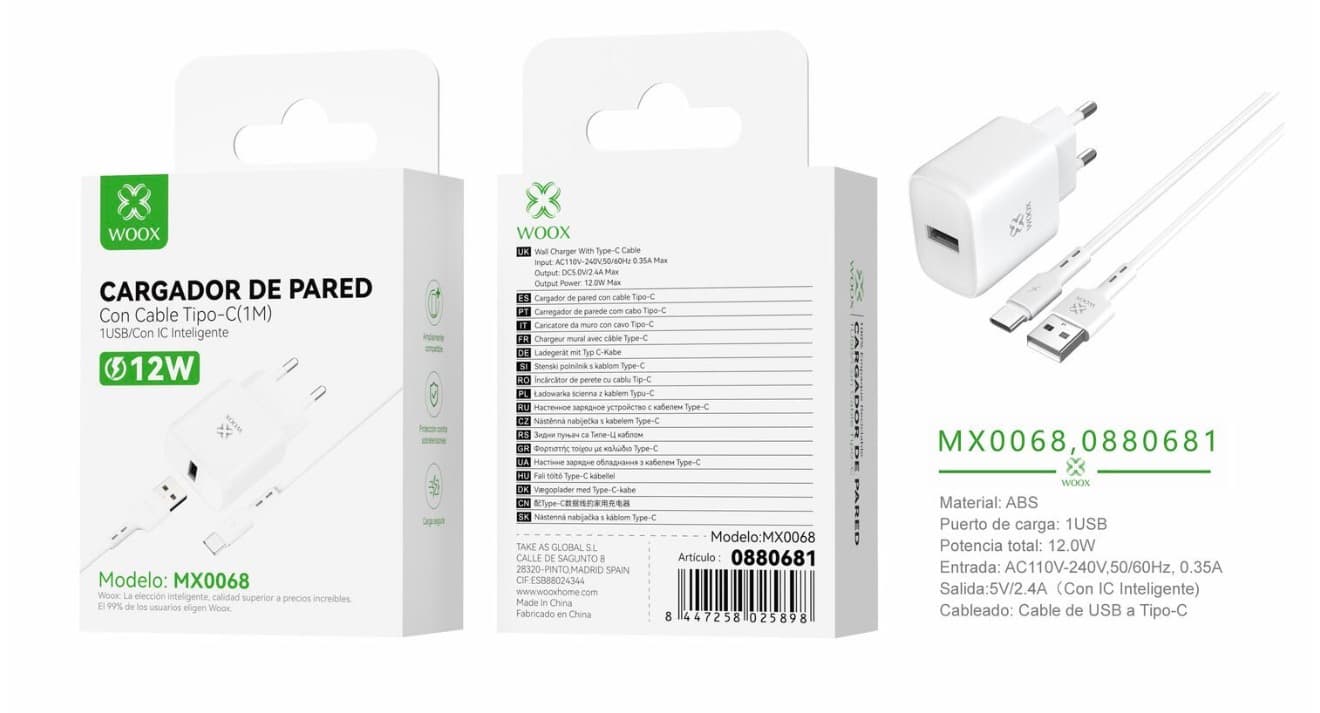 Cargador de pared USB único UE MX0068 5 V/2,4 A con cable USB a tipo C (blanco)