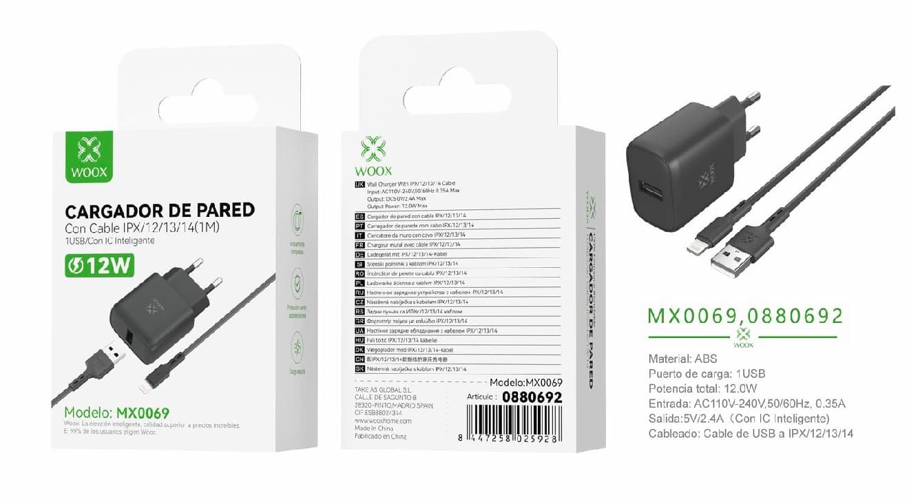 Cargador de pared USB único UE MX0069 5 V/2,4 A con cable USB a Lightning (negro)