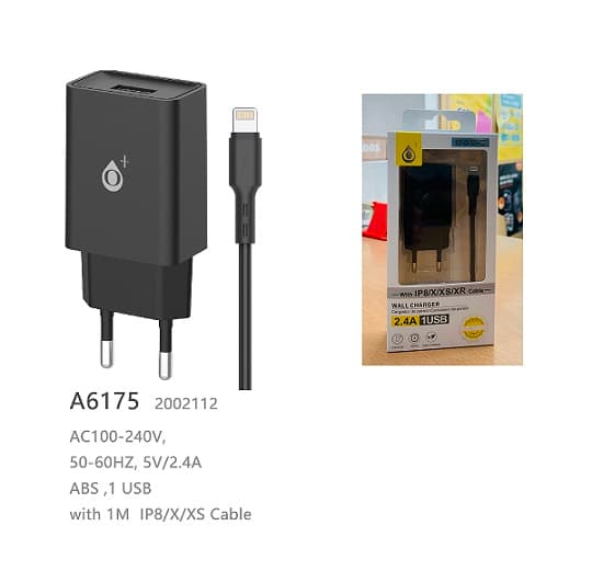OnePlus Carregador 1 USB com IP8/X/XS/XR cabo 2.4A- A6175 BLACK