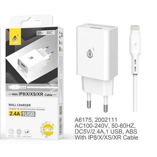 OnePlus Carregador 1 USB com IP8/X/XS/XR cabo 2.4A- A6175 White
