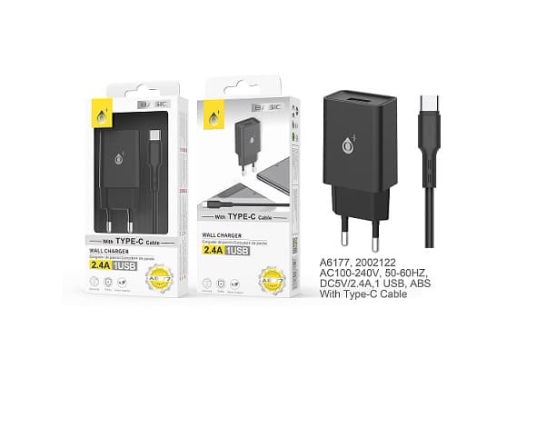 OnePlus Carregador 1 USB com TYPE-C cabo 2.4A- A6177 BLACK