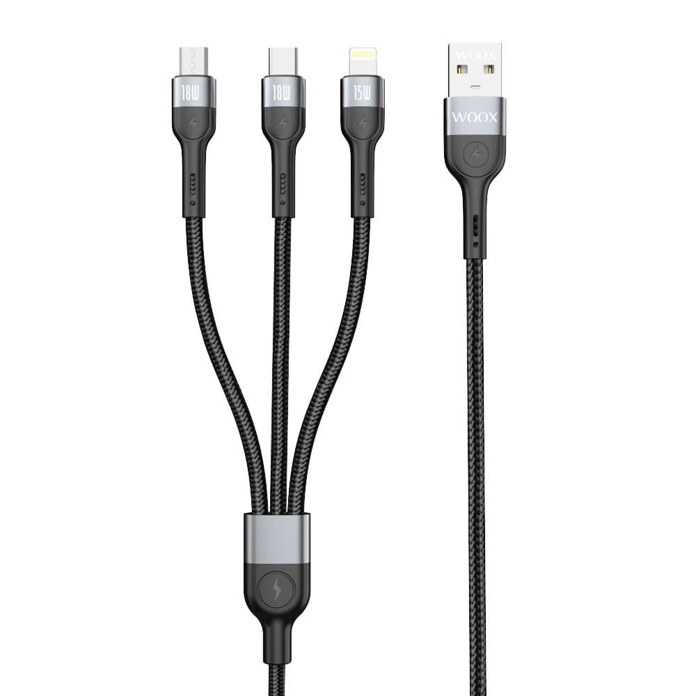 Cabo de Dados 3 em 1 USB para Micro USB Tipo-C e Lightning 18W 1m Preto MX0026