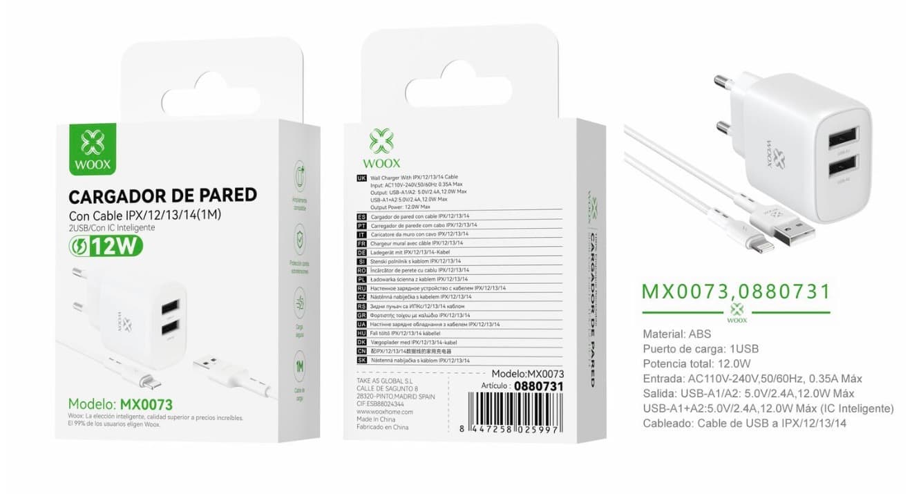 Cargador de pared doble USB UE MX0073 5 V|2,4 A con cabo USB a Lightning (blanco)