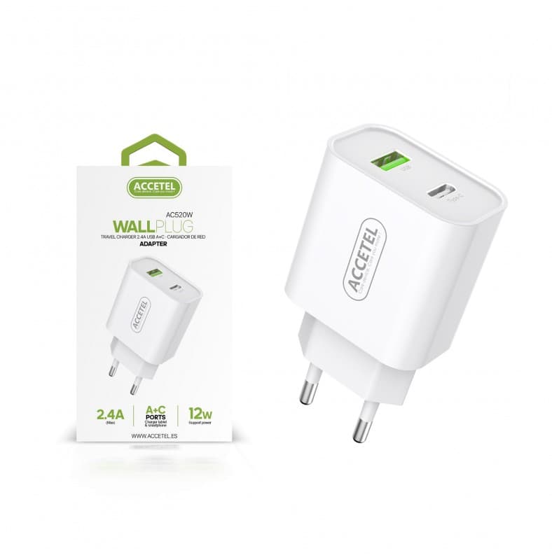 Travel Charger Adapter 2.4A/12W – USB + Type C